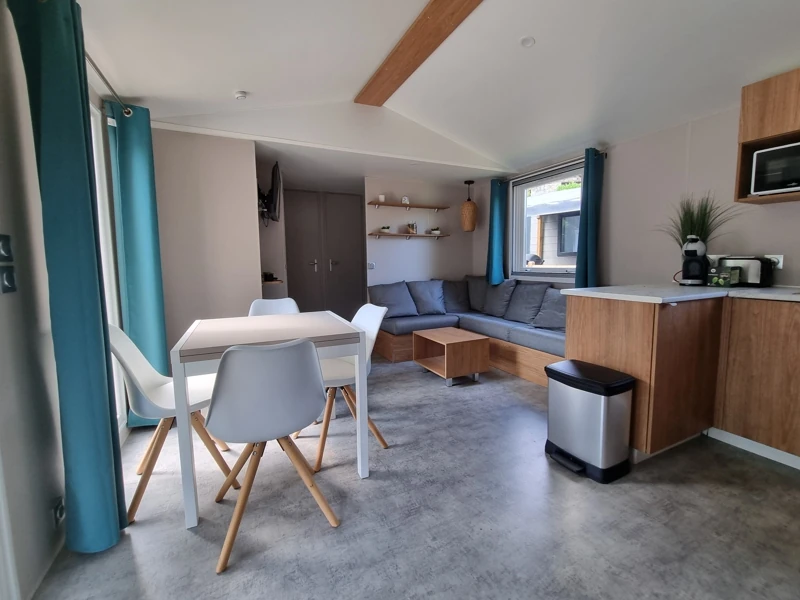 Vue de la pièce à vivre d'un mobil-home très confortable avec cuisine équipée, coin repas et canapé