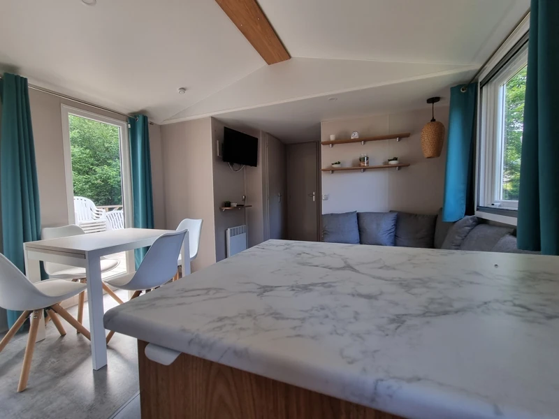 Salon et coin repas d'un mobil-home très confortable