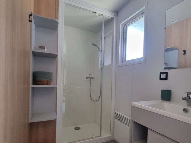 Salle de bain avec douche, lavabo et rangement dans un mobil-home