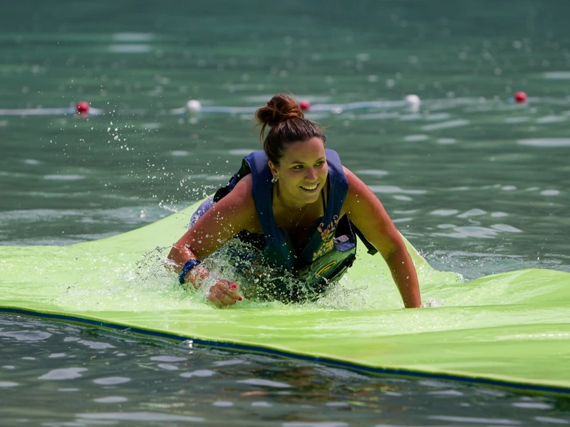 Des personnes s'amusent sur un tapis flottant géant, d'autres font du pédalo
