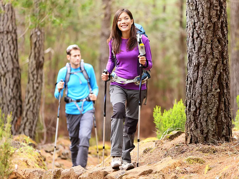 Une femme et un homme font une randonnée en forêt
